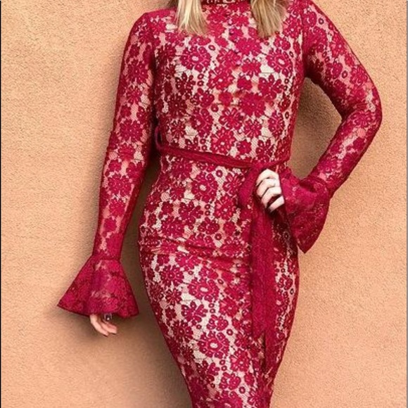 Fashion Nova Dresses & Skirts - Red Turtleneck MIDI Lace Dress